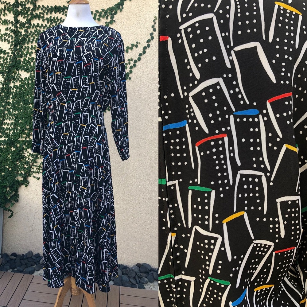 1990 Kathryn Conover black city scape little houses black long sleeve midi dress